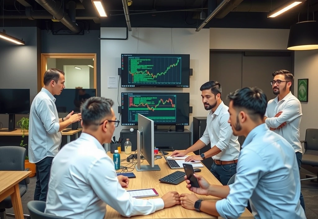 Diverse team of developers and financial experts collaborating