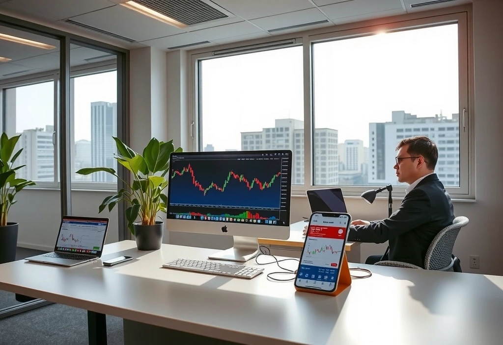 Modern mobile development workspace with financial charts and mobile devices
